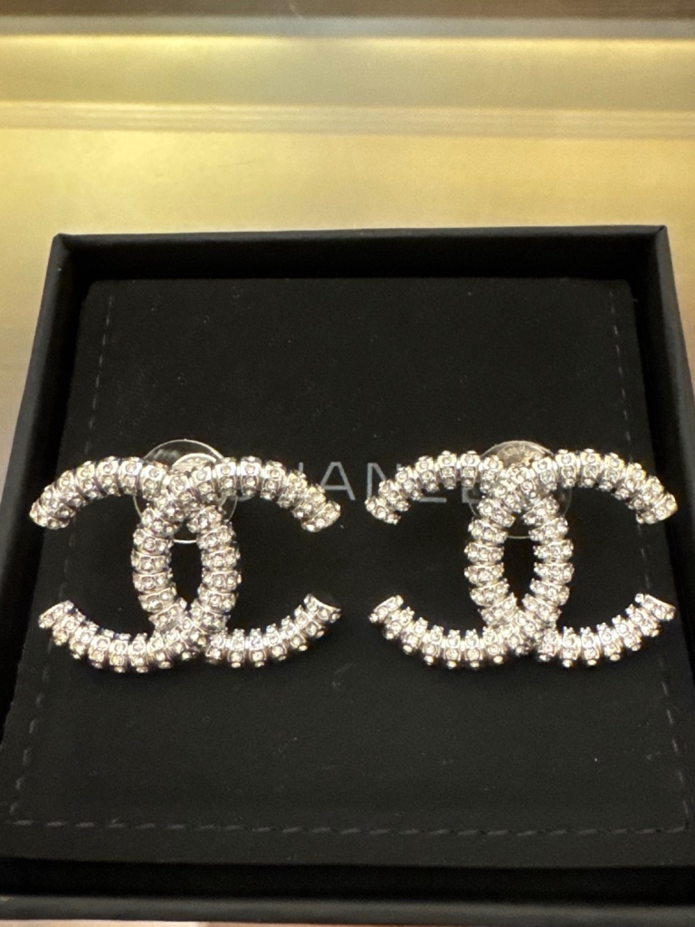 Super Rare Classic Chanel CC Logo XL Crystal Embellished Silver Stud Earrings